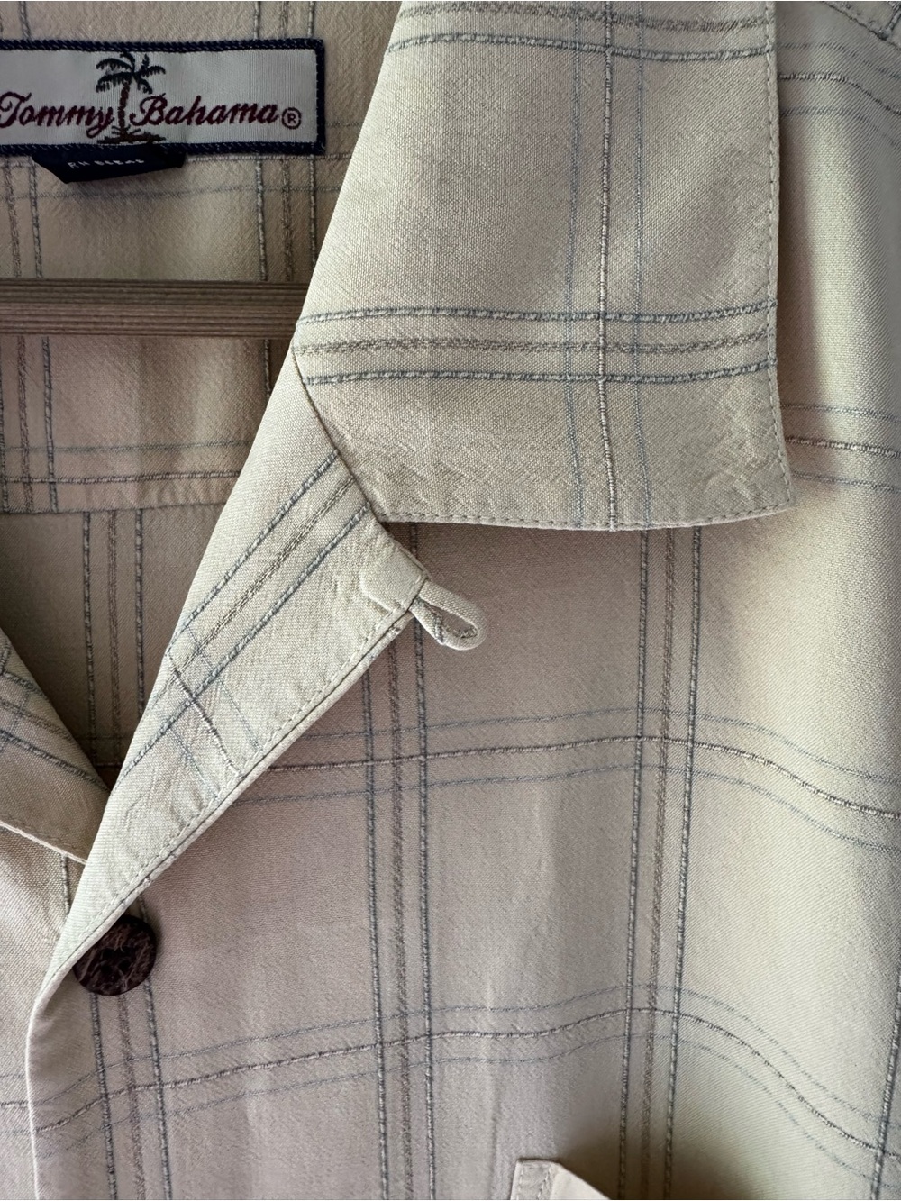 Tommy Bahama Cream Silk Button-Up Shirt with Navy Logo